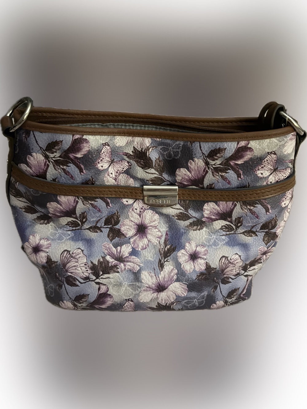 Rosetti Floral Butterfly Shoulder Bag in Lavender and Brown Trim